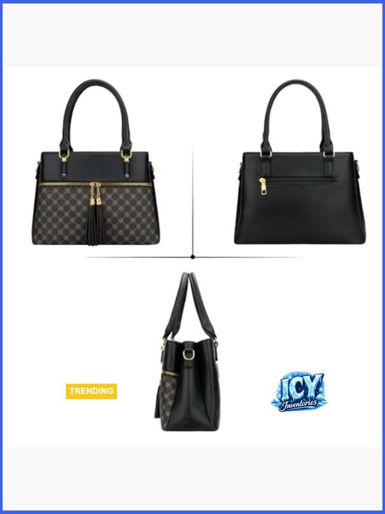 Faux Leather Satchel with Adjustable Strap, 3 Compartments - Picture 4 of 7